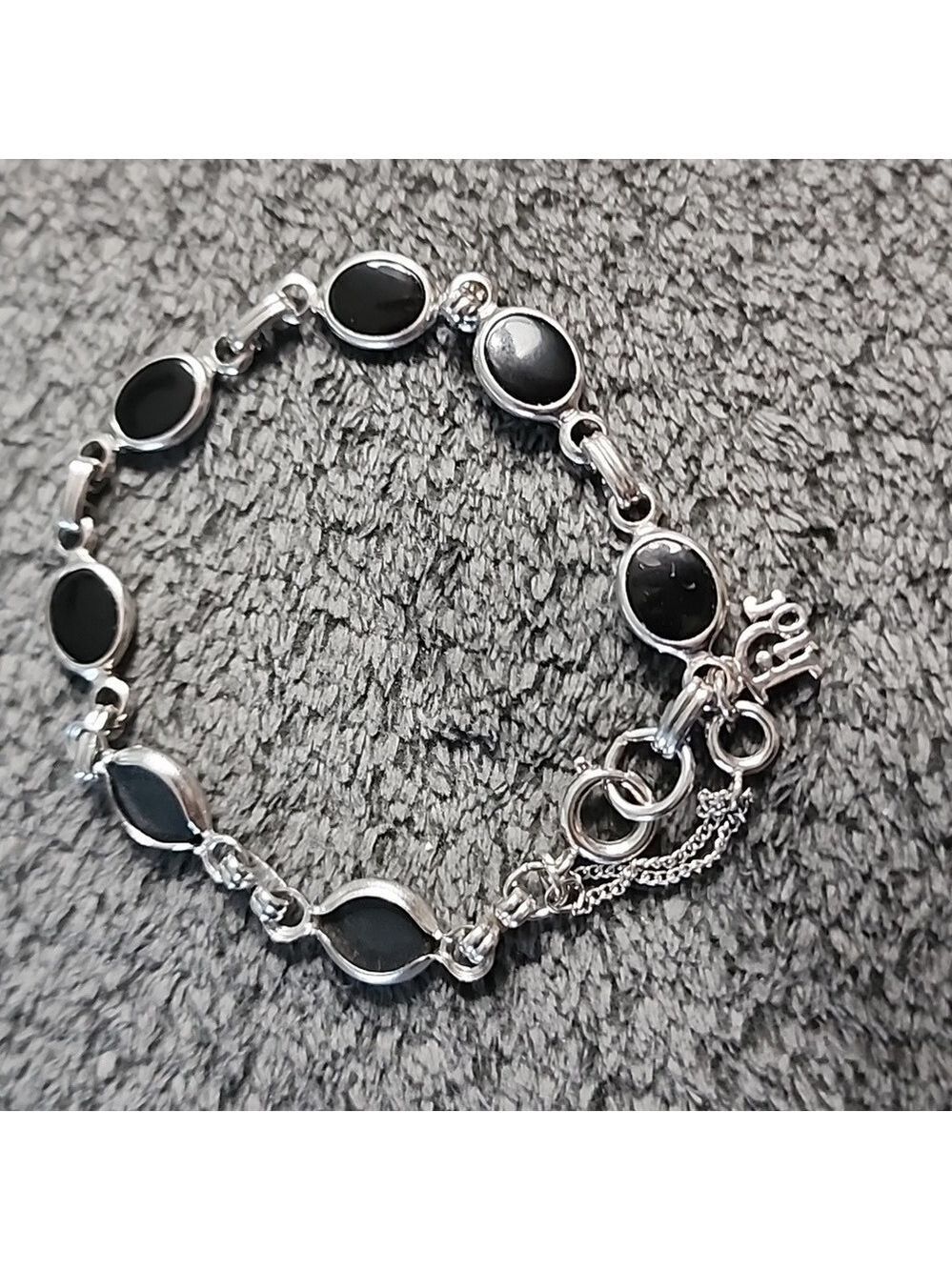 Christian Dior Sterling Silver Black Onyx Oval Link 7.5" Bracelet w/Safety Chain - Picture 3 of 7